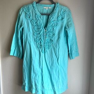 Boden Aqua Blue Embroidered Linen Tunic Top Womens Size 4 Preowned